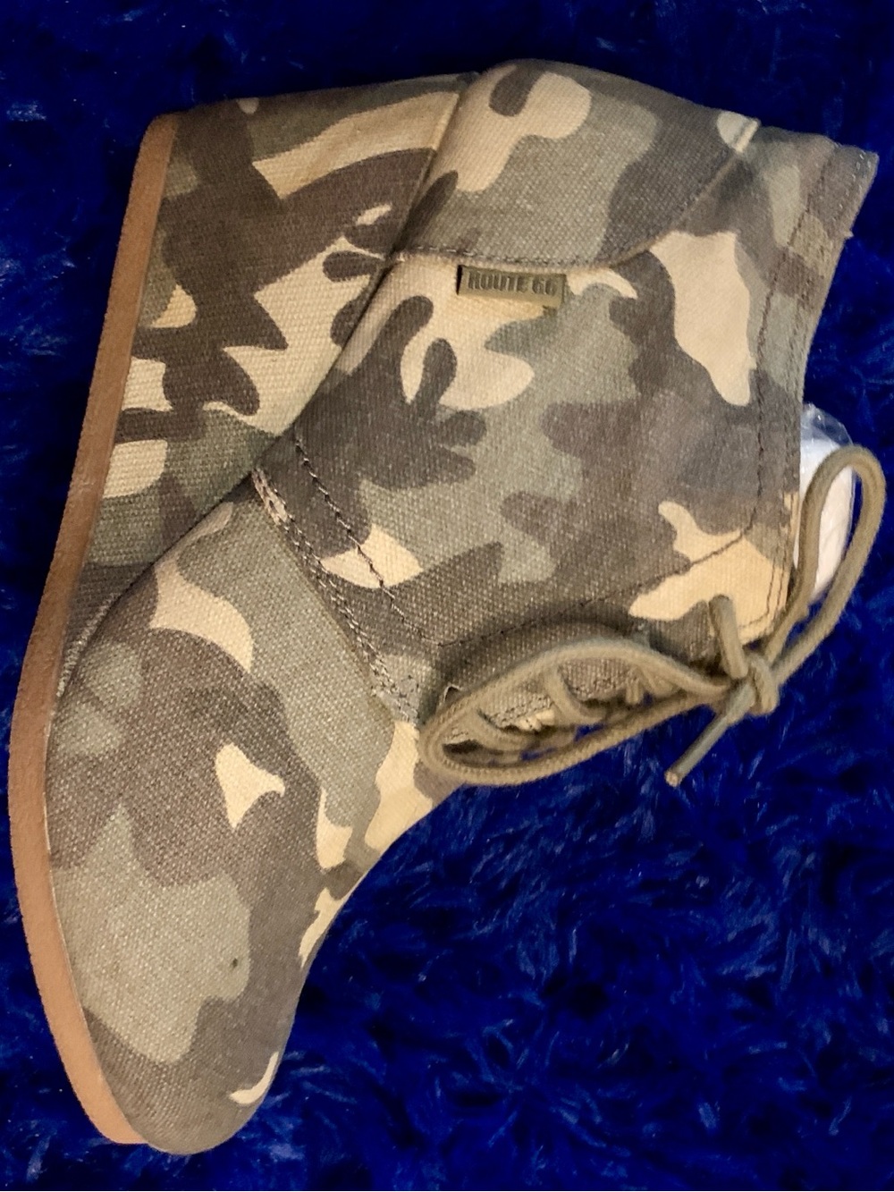 Route 66 Canvas Camo Wedge Booties in Olive and Tan